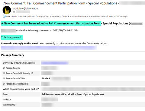 Special Population Confirmation email